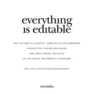 May include: Text overlay on a white background that reads "everything is editable". Below the text, it says "You can edit all content - directly in your browser. Change text color and images. Add, move, resize and scale all to create the perfect stationery. You can also upload your photos!" and "invitalia" at the bottom.