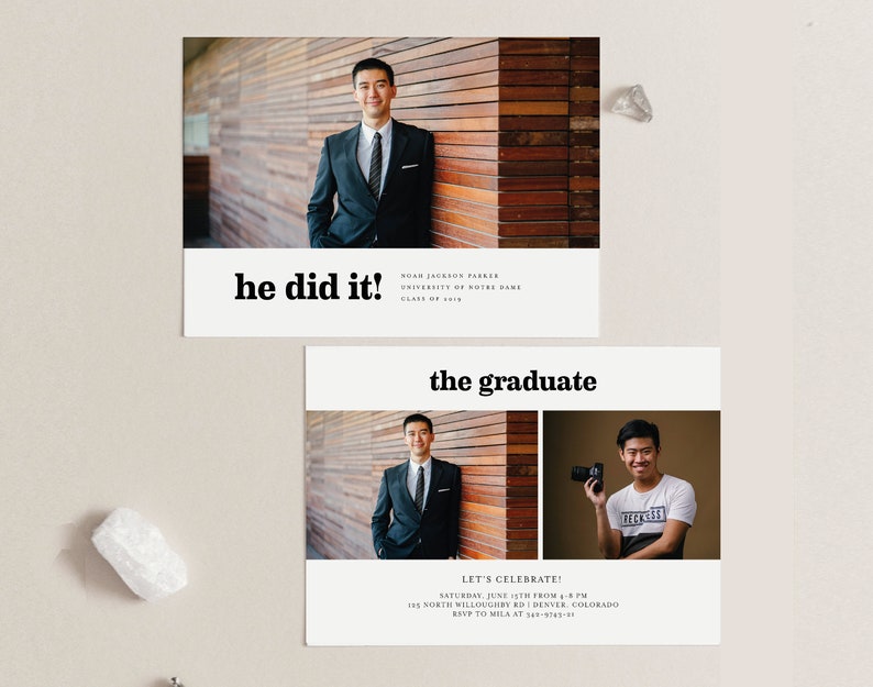 May include: Graduation announcement with a photo of a man in a suit and tie. The text reads "he did it!" and "the graduate".