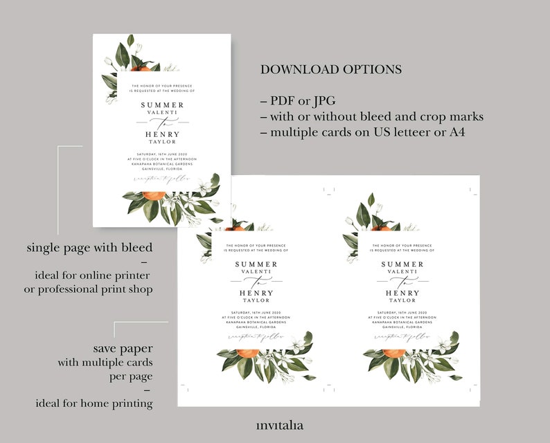 Citrus Wedding Invitation Template Set, Printable Orange Blossom, Vintage Botanical Invites, Digital Editable, Florida, California, Templett image 9