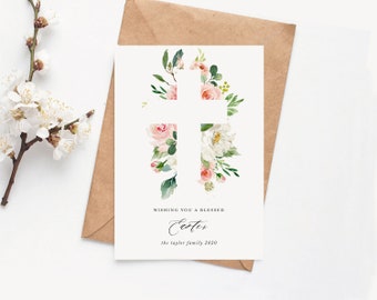 INSTANT DOWNLOAD Floral Cross Easter Card, Happy Easter Printable Card, Religious Easter Card