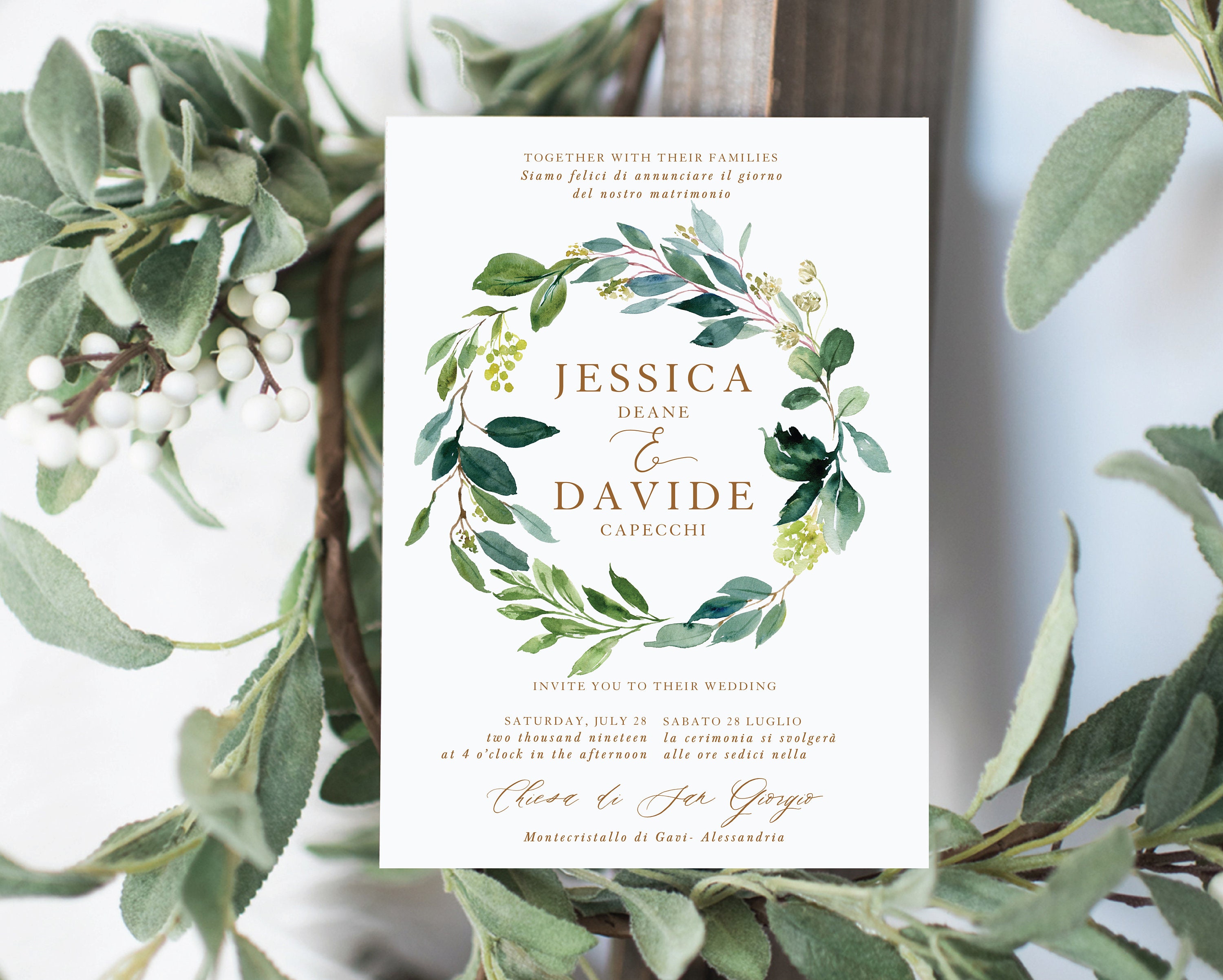 YOU BUY Bilingual Wedding Invitation Template Leafy Wreath Instant Download...