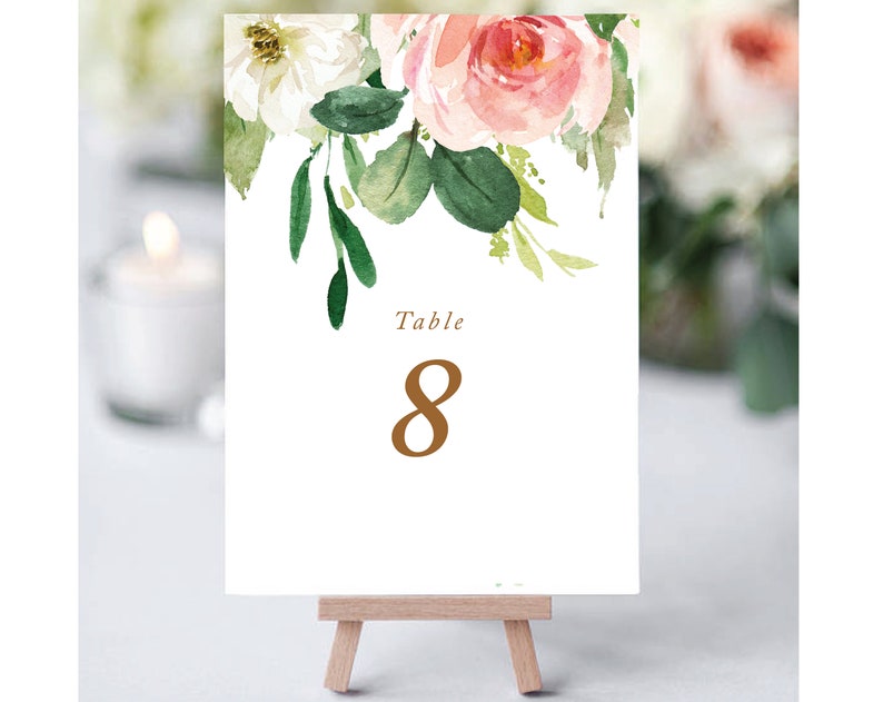 Instant download Table Number, Printable Table Number, Blush flower Wedding Table Numbers, Wedding Table Cards, floral Number Cards, BL image 2
