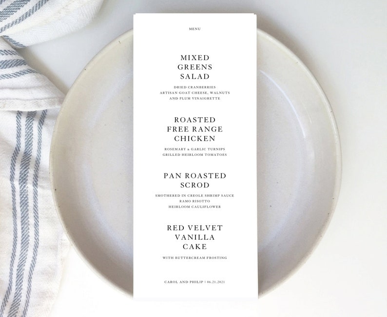 Printable Wedding Menu, Wedding Menu Template, Wedding Menu Card, Simple Menu, Minimalist Menu, Reception Menu, EM image 5