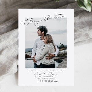 Alterar o cartão de data, casamento adiado, cancelar o salvamento da data, anúncio de evento cancelado, novo plano, salvar a data moderno, modelo de foto