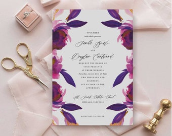 Purple Wedding Printable Invitation Template, Instant Download Digital Editable Invite, Plum gold Floral invitation, violet invitaton FALL