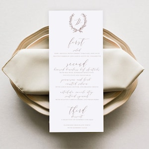 Printable Wedding Menu Template, DIY Wedding Menu, Wreath Monogram Menu, All Calligraphy  Menu, Editable Text, crest menu instant download C