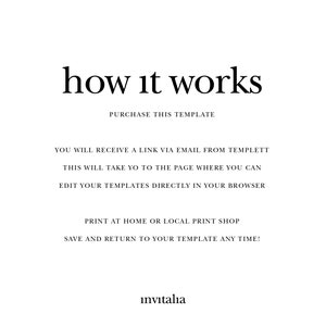 May include: Text explaining how to use a digital template. It says "how it works", "purchase this template", "you will receive a link via email from templett", "this will take you to the page where you can edit your templates directly in your browser", "print at home or local print shop", "save and return to your template any time!" and "invitalia".