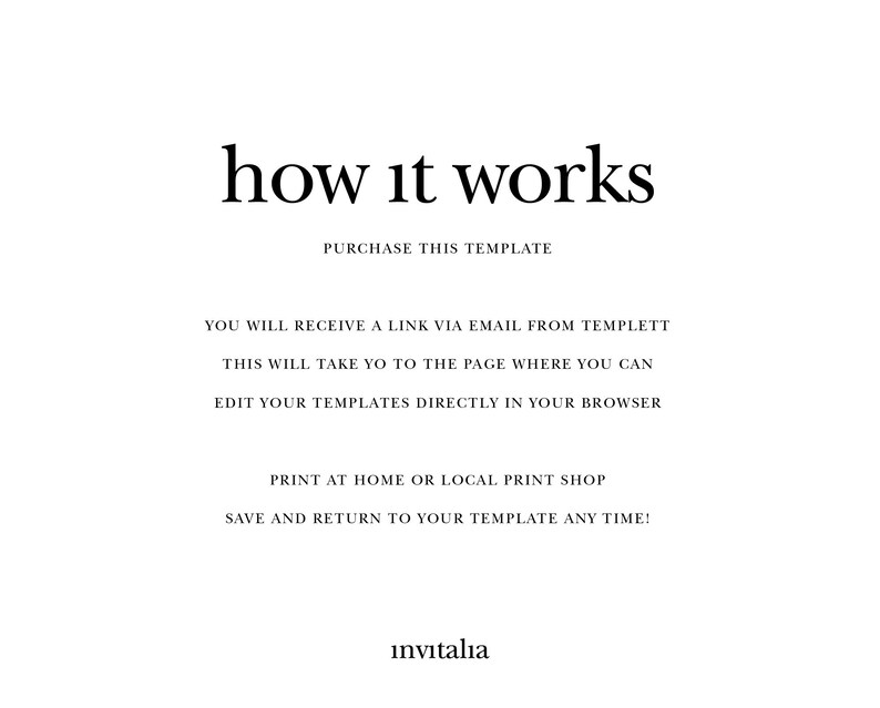 May include: Text explaining how to use a digital template. It says "how it works", "purchase this template", "you will receive a link via email from templett", "this will take you to the page where you can edit your templates directly in your browser", "print at home or local print shop", "save and return to your template any time!" and "invitalia".
