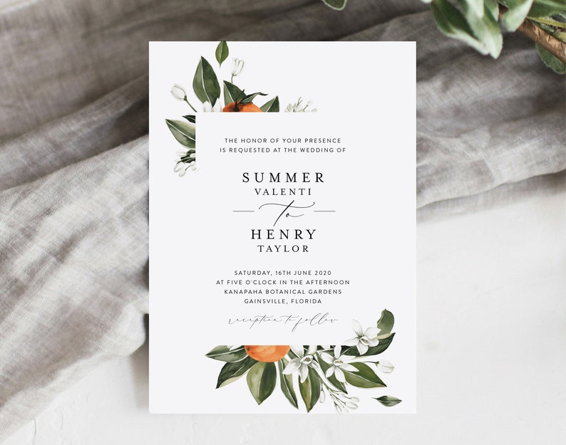 Citrus Wedding Invitation Template Set, Printable Orange Blossom, Vintage Botanical Invites, Digital Editable, Florida, California, Templett image 5
