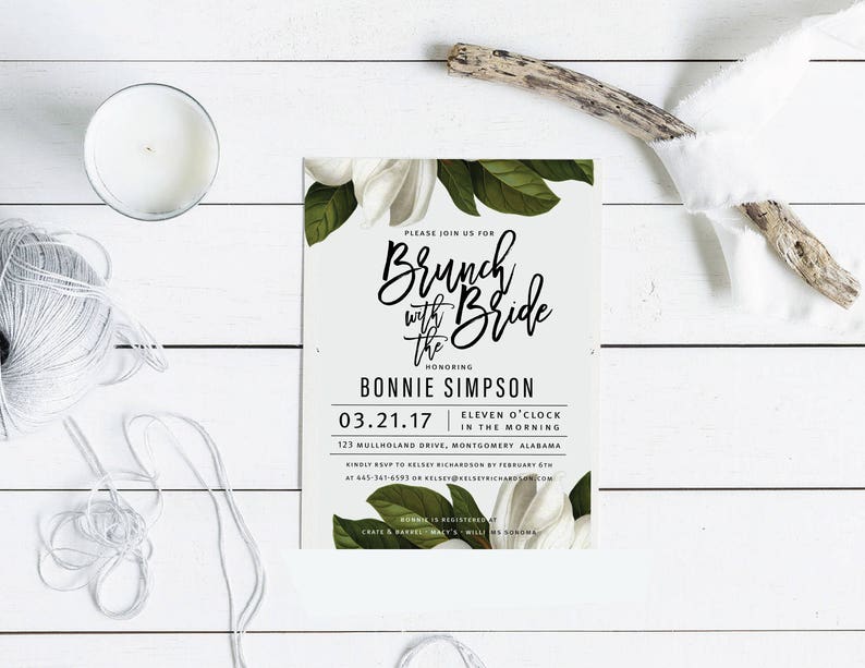 White Magnolia Bridal Shower Invitation, Botanical Floral, Wedding Shower, Baby Shower, Printable Invitation, WM image 7