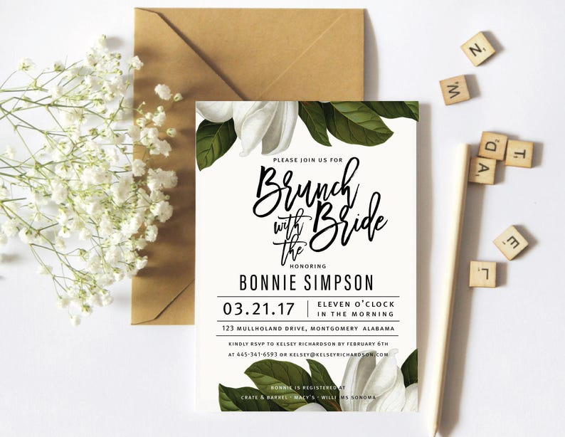 White Magnolia Bridal Shower Invitation, Botanical Floral, Wedding Shower, Baby Shower, Printable Invitation, WM image 6