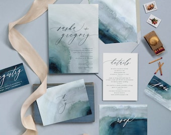 Blue Ocean Printable Invitation Suite, Beach Wedding, Nautical, Sea, Ocean, Watercolor, Coastal, DIY Printable Invite Destination Wedding WA