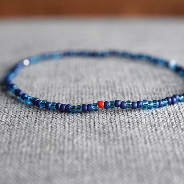 Men's bracelet dainty blue bead bracelet with red white and silver accent