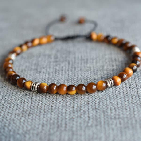 Petite tigers eye bracelet with sterling silver, men bead bracelet, tiger eye jewelry, gift for men