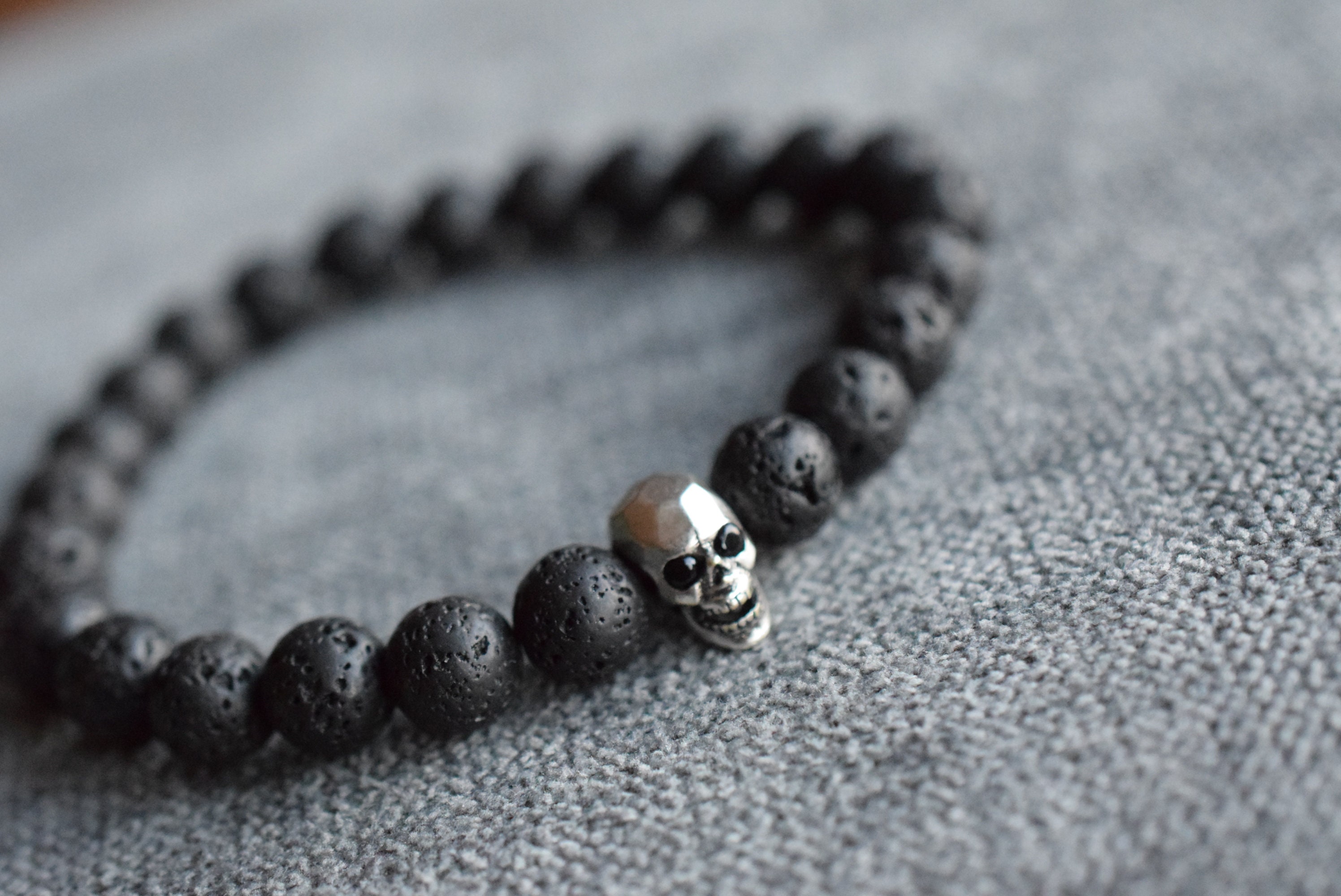 Men's black bead bracelet silver skull bracelet Etsy