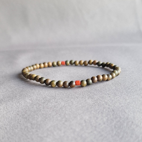 Sandalwood bead bracelet with red coral nuggets slim wood bead for men