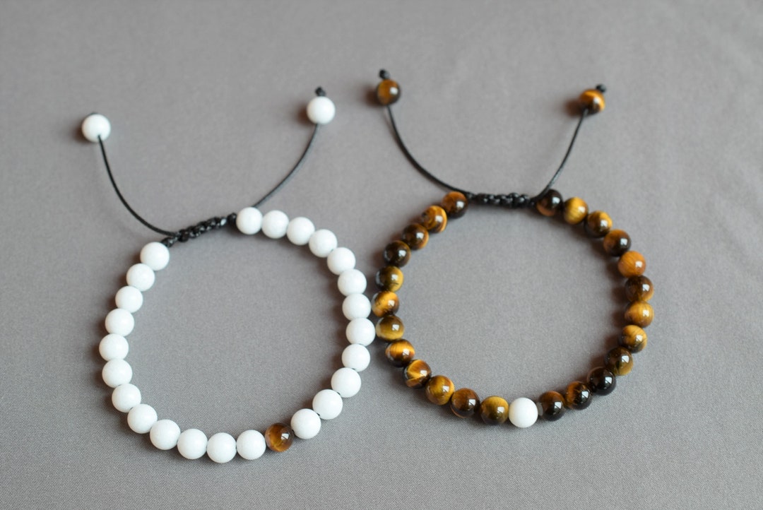 White Jade/tiger Eye Long Distance Relationship Bracelet Adjustable
