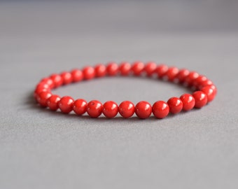 Red coral bracelet, 6 mm coral bracelet, red bead bracelet, gift for woman
