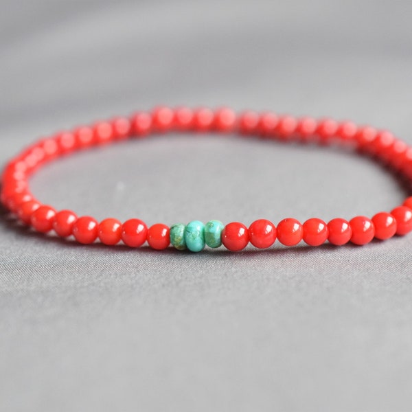 Men's beaded bracelet, tiny red coral bracelet with african turquoise beads, gift for men
