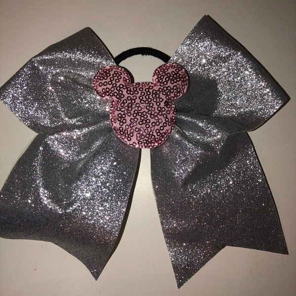 Sparkly Silver Grosgrain ribbon Cheer Bow with  Pink Sequin Minnie Ears / Boutique large bow/ Disney vacation Bow for all girls/