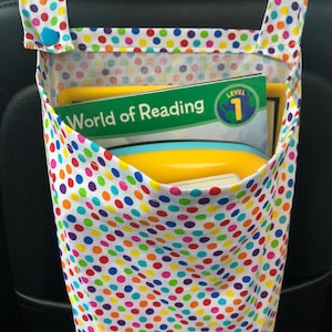 Kids Seat Sack organizer for your vehicle, declutter toys, hangs off of headrest, toy sack for vehicles, stash kids little things, road trip