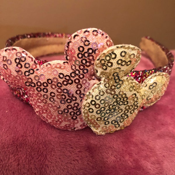 Sequin Minnie Mouse Ears headband/ pink and gold sequins and glitter/ girls Disney vacation/ready to ship/ Free Shipping!!!