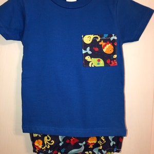 Sealife Ocean Diaper Cover Set, royal blue t shirt with matching pocket, 18-24M set, Turtles, Whales, crab and octopus, ships immediately