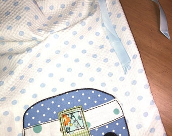 RV Camper pillowcase dress w/Bloomers for girl, white seersucker texture with blue polka dots and an RV appliqué, spring dress/shirt
