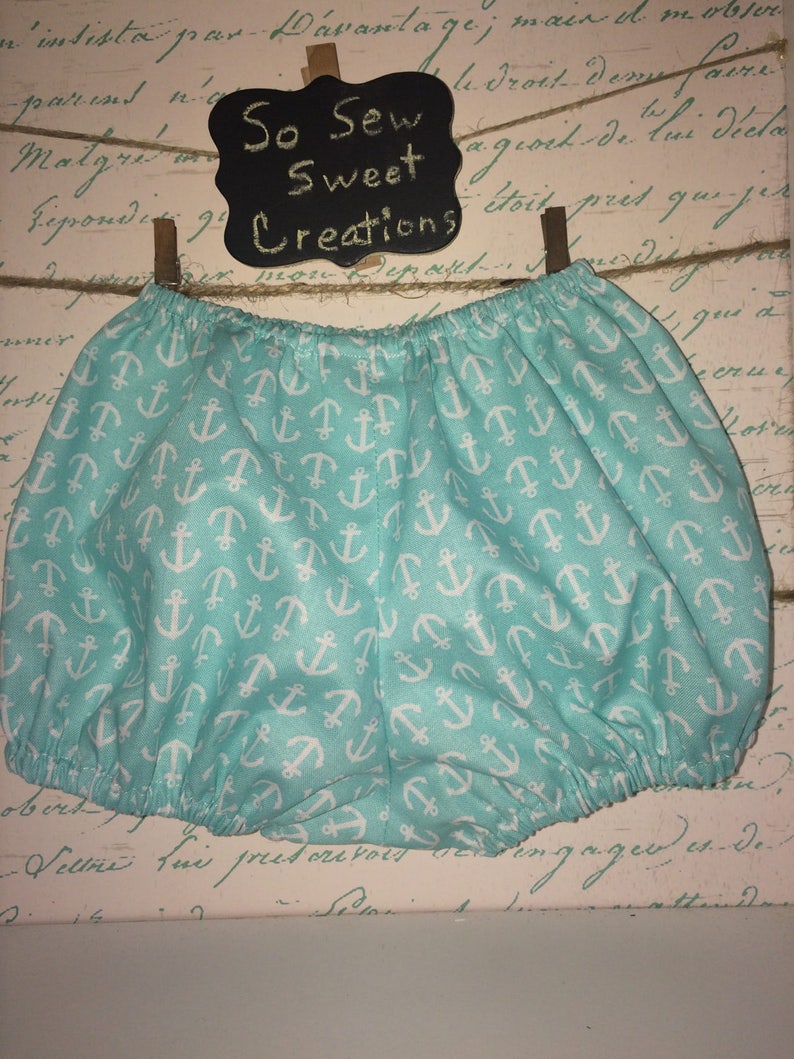 Cute summer bloomer Nautical Diaper Cover for baby girl in Pastel Aqua color with white anchors Fabric Bow ships Free! Size 3-6M