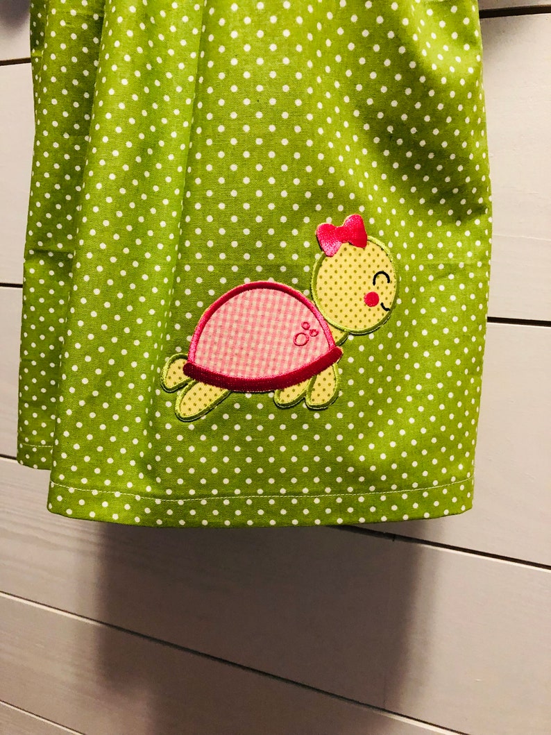 beautiful ruffled detail at neck size 3T Free shipping Part of my new Alivia Collection Pink and Green with White polka dot turtle dress