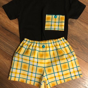 Yellow plaid color short Set, Gold, Teal,yellow and black,  pocket T shirt, 2 piece set ready to ship size 2T shorts/size 3T shirt