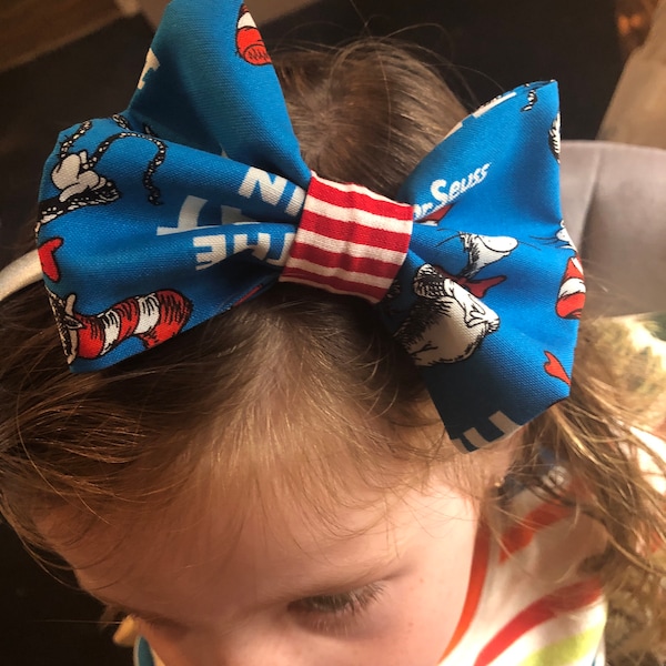 Cat in the Hat girls Headband//or Bows/  Green eggs and Ham Hair bow with clip// ready to ship!!,  Dr Seuss Day at school hair accessory!!