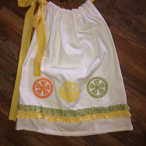 Lemonade  Party Dress with appliquéd  lemons, limes, and oranges !!!!!  A One of a Kind dress with a yellow gingham bow!