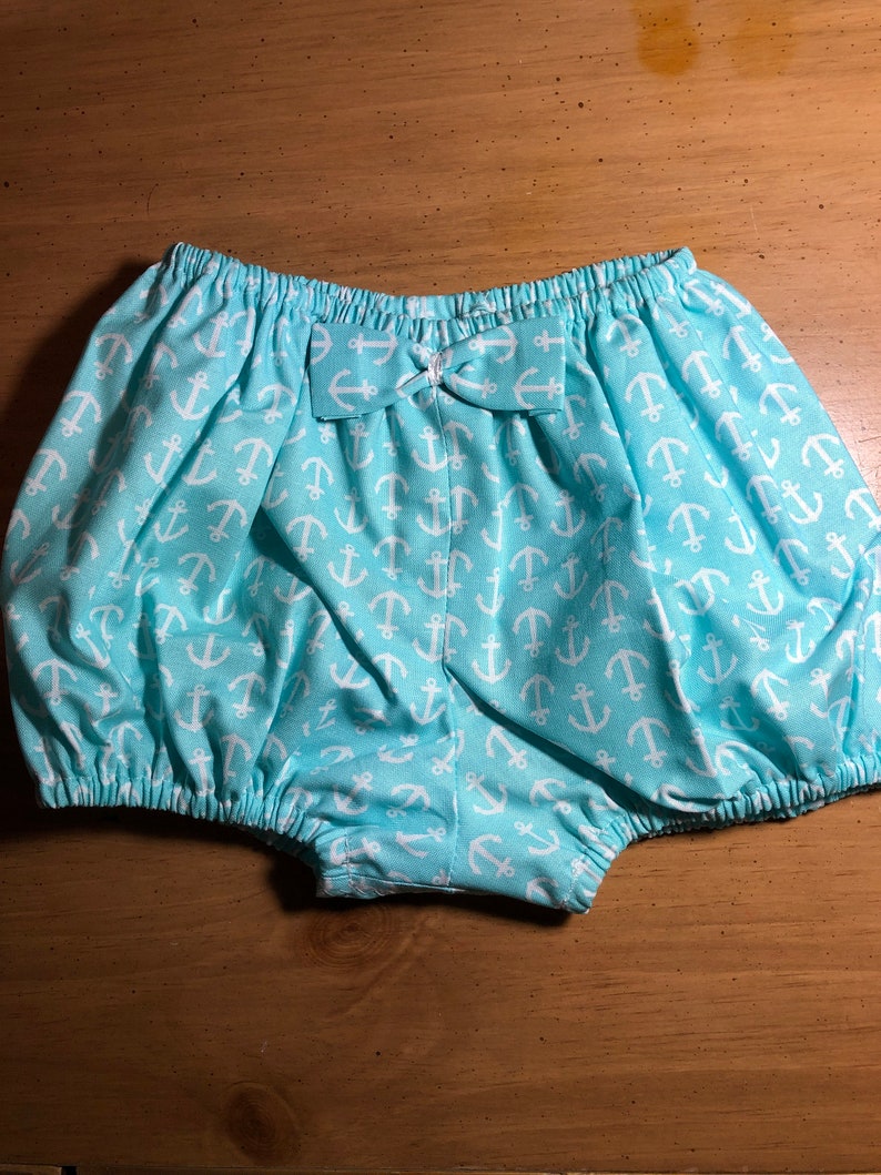 Cute summer bloomer Nautical Diaper Cover for baby girl in Pastel Aqua color with white anchors Fabric Bow ships Free! Size 3-6M