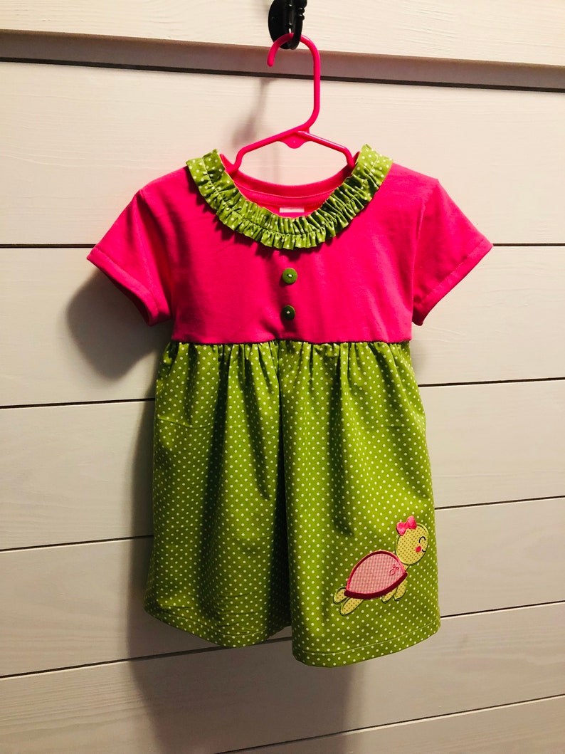 beautiful ruffled detail at neck size 3T Free shipping Part of my new Alivia Collection Pink and Green with White polka dot turtle dress
