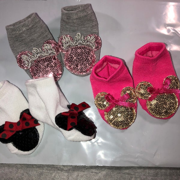 Mouse ears Sequin Plushie toddler girl socks, baby girl Christmas gift, poly/spandex socks, SET of 3, Free shipping!!!