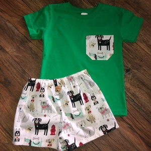 Boys shorts Set size 3T// dogs shorts and pocket T shirt set//button accent// summer outfit// ready to ship//Christmas gift//Free shipping