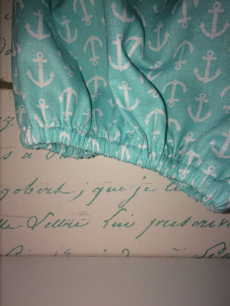 Cute summer bloomer Nautical Diaper Cover for baby girl in Pastel Aqua color with white anchors Fabric Bow ships Free! Size 3-6M
