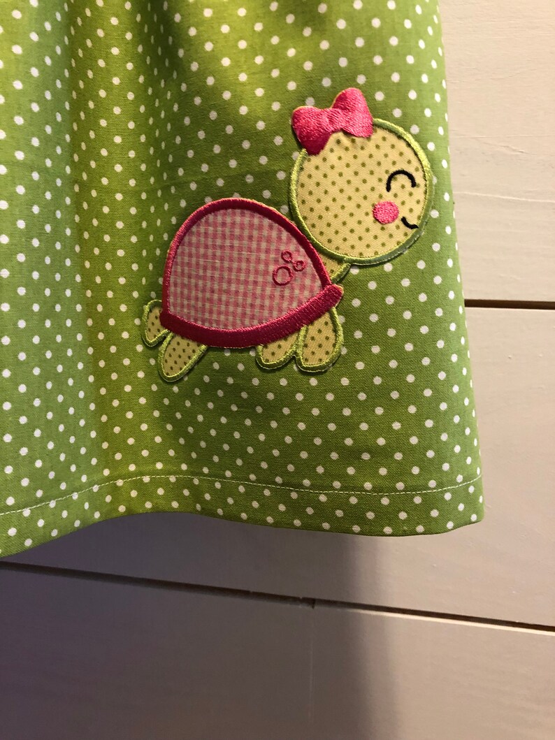 beautiful ruffled detail at neck size 3T Free shipping Part of my new Alivia Collection Pink and Green with White polka dot turtle dress