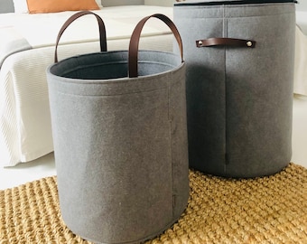 Large laundry hamper basket with lid made from wool felt