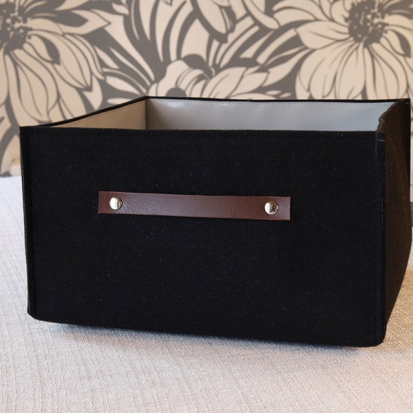 Felt storage box with leather handle, custom made storage basket, waterproof tarpaulin, made to measure, bathroom storage, custom size