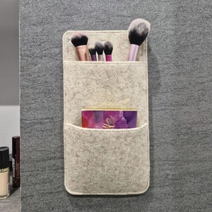 Organizzatore da parete in feltro di lana con chiusura in velcro | 2 tasche | Bagno, camper, roulotte | 32×17 cm o su misura