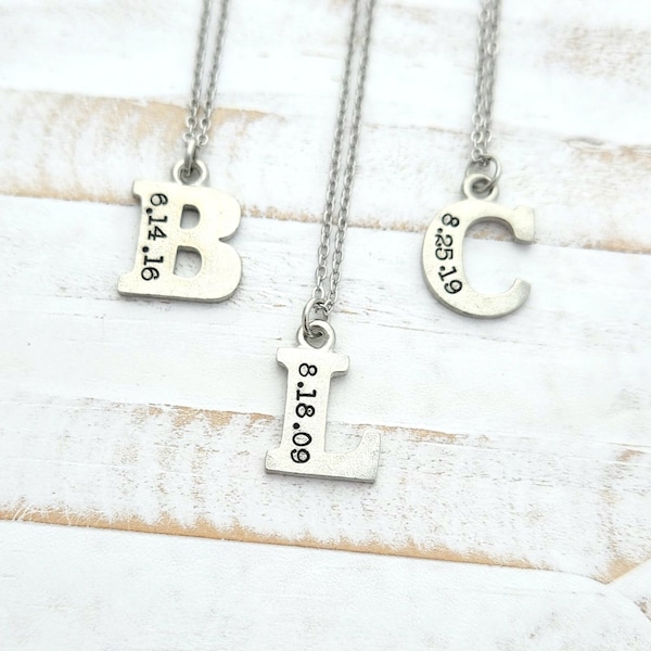 Stamped Letter Charm Necklace, Personalized Gift For New Mom, Hand Stamped Pewter Necklace, Initial Charm With Date