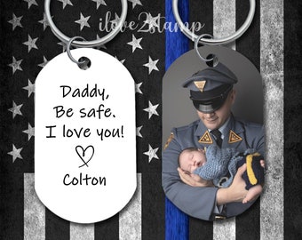 Personalized Police Dad Keychain, Daddy Be Safe, Thin Blue Line, Police Retirement Gift, Hero, Police Officer Cop Gift, Custom Cop Keychain