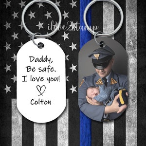 Personalized Police Dad Keychain, Daddy Be Safe, Thin Blue Line, Police Retirement Gift, Hero, Police Officer Cop Gift, Custom Cop Keychain image 1