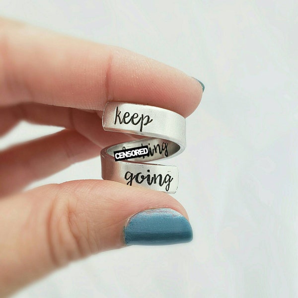 Keep Going Ring, Hand Stamped Jewelry, Adjustable Statement Ring, Best Friend Gift Birthday, Never Give Up, Keep Fighting Gifts