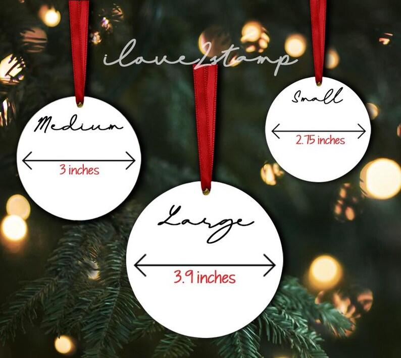 May include: Three white round baubles with black text and red measurements. The baubles are labelled "Small" (2.75 inches), "Medium" (3 inches), and "Large" (3.9 inches).