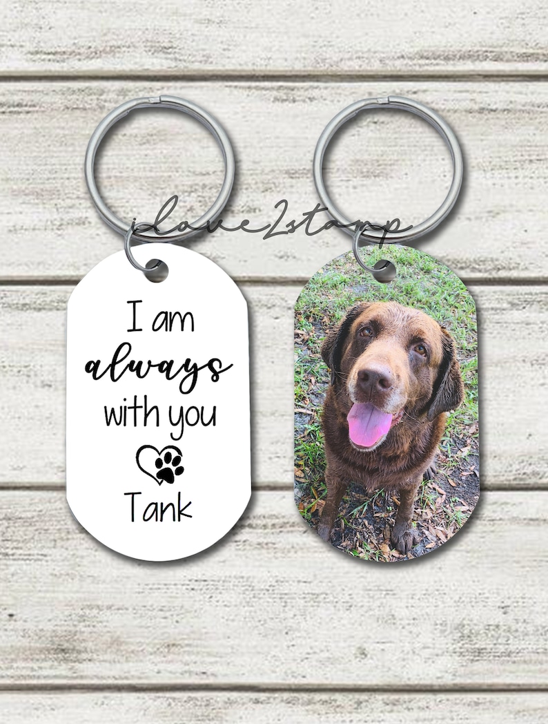 May include: A white oval keyring with the text "I am always with you" and a paw print heart. The text "Tank" is below the heart. The keyring is attached to a silver key ring. A second oval keyring with a photo of a brown dog is attached to a silver key ring.