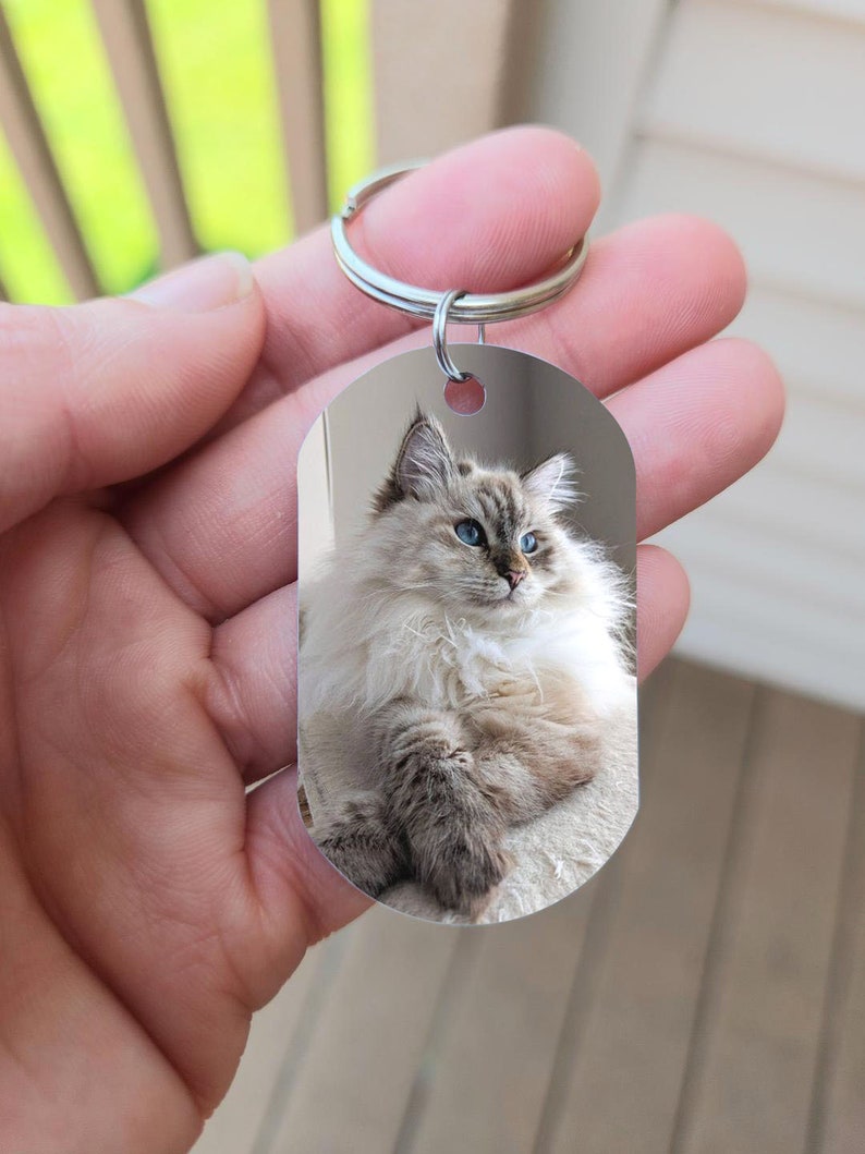 May include: A silver keychain with a photo of a white cat with blue eyes. The cat is sitting on a white surface and looking to the right.