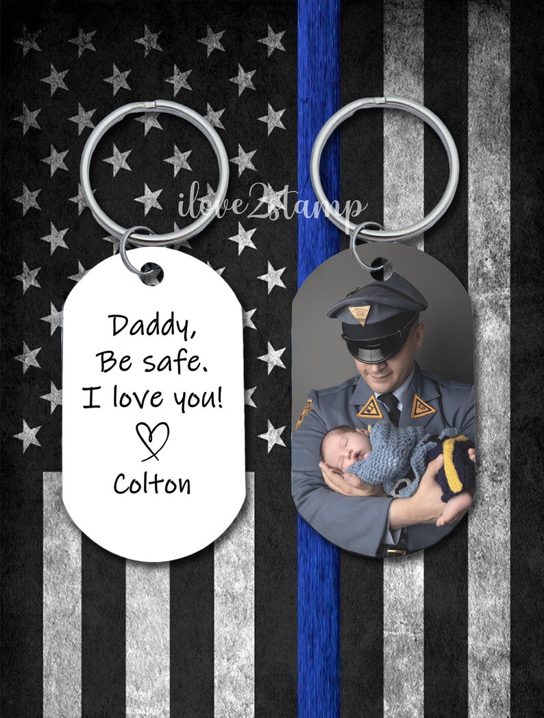 Personalized Police Dad Keychain, Daddy Be Safe, Thin Blue Line, Police Retirement Gift, Hero, Police Officer Cop Gift, Custom Cop Keychain image 1